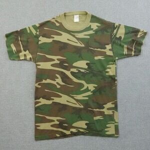 Vintage Camo Woodland Military T-Shirt Men's Size S 50/50 Single Stitch Soffe